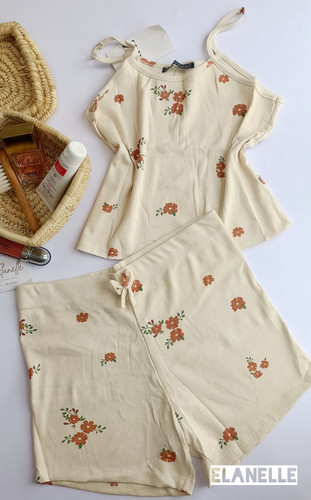 ست کراپ تاپ و شورتک کبریتی زنانه ZARA وارداتی طرح رز سایز 2XL